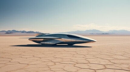 Fototapeta premium Photograph of a futuristic jet, its sleek, aerodynamic design gleaming under the harsh desert sun, casting long shadows across the barren landscape.