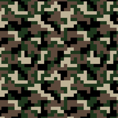 Camouflage seamless pattern for fabric print. digital pixel tiles. Woodland military textile. Modern camo uniform for war soldiers. Multicolor militaristic wallpaper. Vector design.