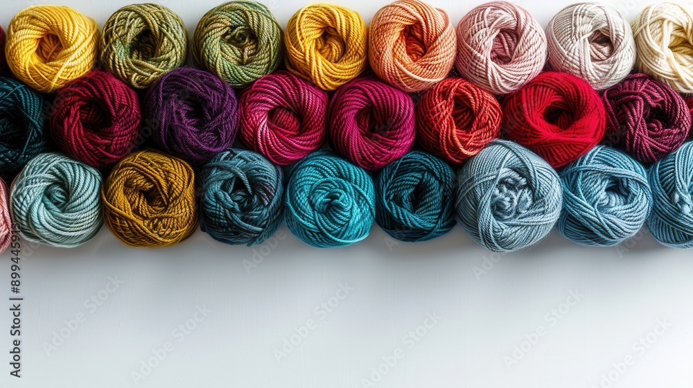 Aufkleber A vibrant assortment of yarn rolls is neatly arranged, providing ample space for creative text placement and inspiring crafting ideas. Generative AI