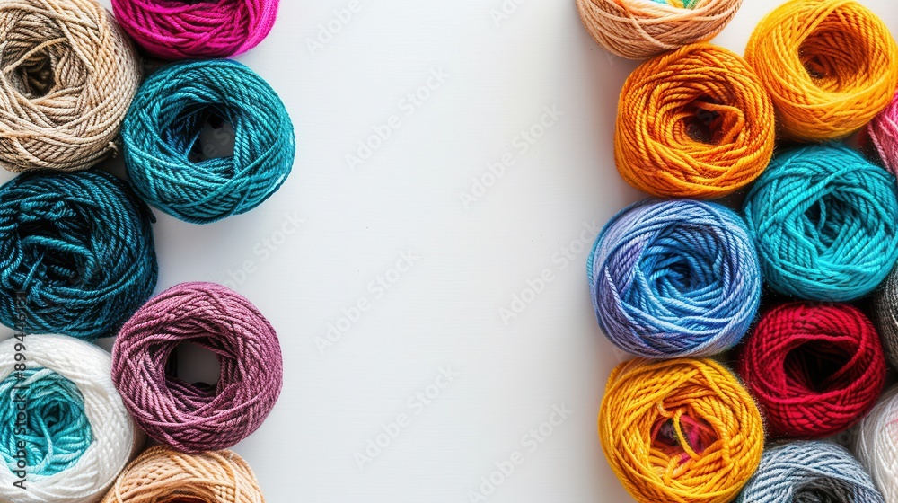 Aufkleber Vibrant yarn rolls are neatly arranged on a white background, providing a creative backdrop with ample space for text or additional design elements. Generative AI