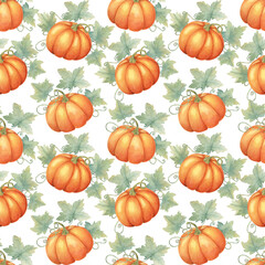 Watercolor seamless pattern of pumpkins with green vines and leaves. Hand drawn background clipart ideal for fabric designs, seasonal gift wrap, kitchen textiles, and fall-themed party supplies