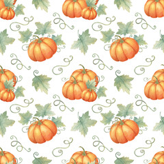 Pumpkins with green leaves and vines backdrop clipart. Seamless watercolor pattern Great for creating autumn-inspired home decor, event invitations, party supplies, and eco-friendly packaging