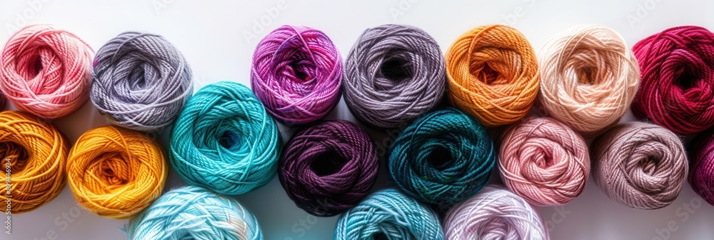 Poster a grid of vibrant yarn rolls displayed on a white background, perfect for various crafting activitie