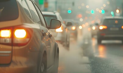 traffic jam in a city street letting see smoky smog, Generative AI