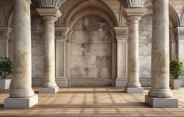 Obraz premium Architectural Vignettes: 3D Rendering of Beige Wooden Floor with Arched Doorways and Stone Sculptures