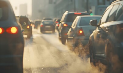 traffic jam in a city street letting see smoky smog, Generative AI