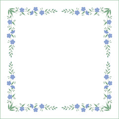 Elegant green and blue vegetal ornamental frame with blue flowers, decorative border, corners for greeting cards, banners, business cards, invitations, menus. Isolated vector illustration.	
