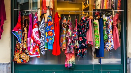 Fototapeta premium Colorful clothing hangs in a shop window, a vibrant display of patterns and textures.