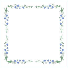 Elegant green and blue vegetal ornamental frame with blue flowers, decorative border, corners for greeting cards, banners, business cards, invitations, menus. Isolated vector illustration.	