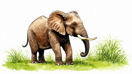 Obraz premium Watercolor Elephant Illustration in Natural Habitat with Grass