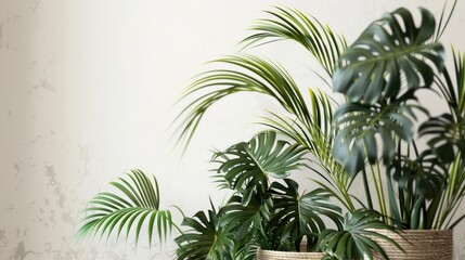 Obraz premium Serene Floating Minimal Live Plants and Palm Leaves on Light Neutral Background