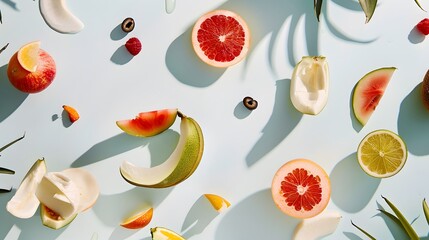 A flat lay of various fruits and fruit rinds arranged on a light blue background.