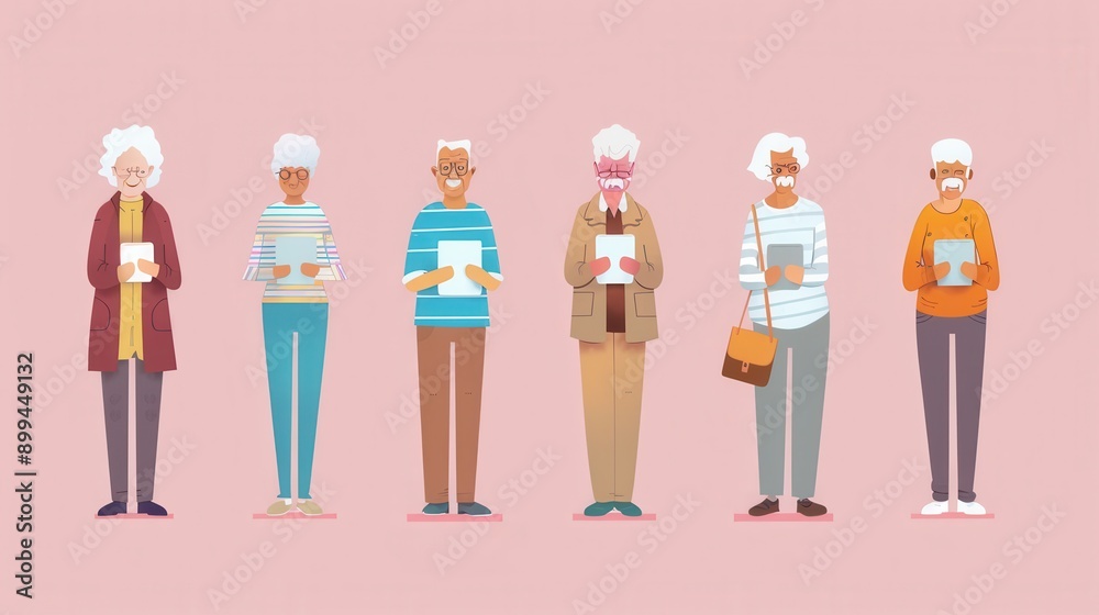 Poster a group of elderly people are focused on reading and using tablets while standing together in a cozy