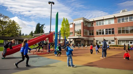 Obraz premium Children play on the playground outside a school.