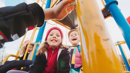 Three children on a playground, smiling and laughing