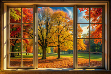 Window in room view on autumn park with fall leaves on the tree. autumn concept. created generative ai.