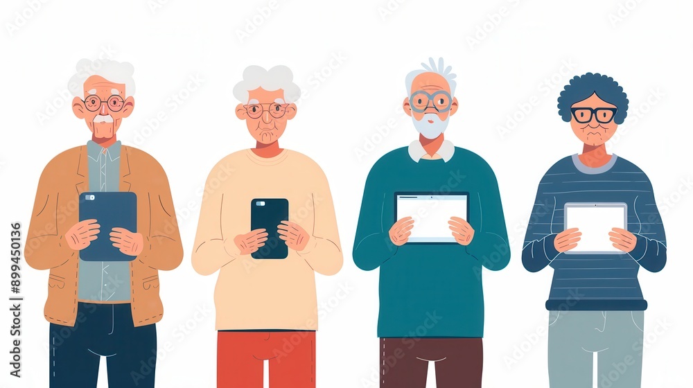 Poster Four elderly individuals hold various electronic devices while smiling and enjoying each other's company in a cozy indoor environment. Generative AI