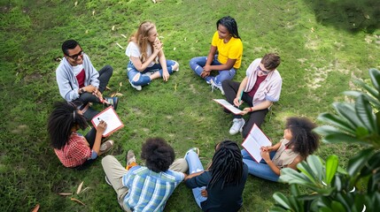 Diverse group of young adults sit in a circle on the grass, engaged in conversation.