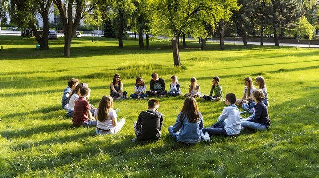 Group of young people sitting in a circle on the grass in a park.