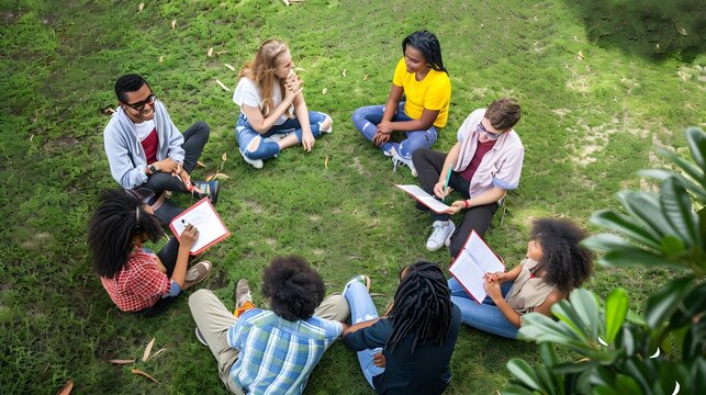 Diverse group of young adults sit in a circle on the grass, engaged in conversation.