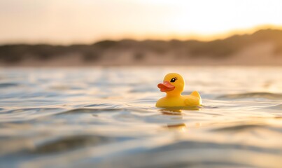 Yellow rubber duck floating in water with blurry background, Generative AI