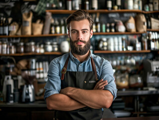 Fototapeta premium Young bearded Caucasian man in apron, standing confidently with arms crossed in a well-stocked café