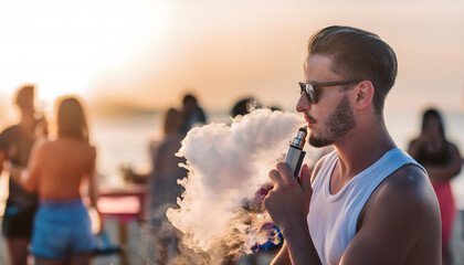 Man vaping relaxed at the beach.