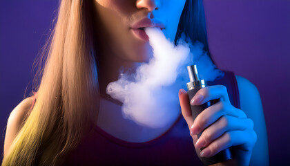 Obraz premium Woman vaping in front of a neon background.