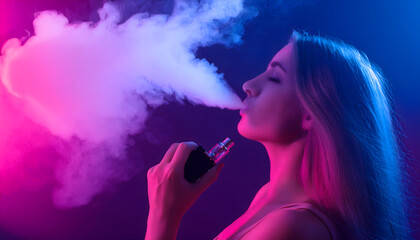 Naklejka premium Woman vaping in front of a neon background.