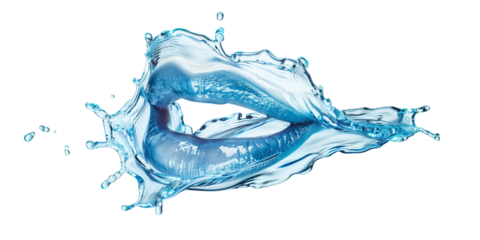 Dynamic splash forming anthropomorphic water lips on a white background, symbolizing freshness and hydration