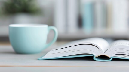 Fototapeta premium A peaceful scene featuring an open book and a light blue mug, ideal for cozy reading moments and serene study environments.