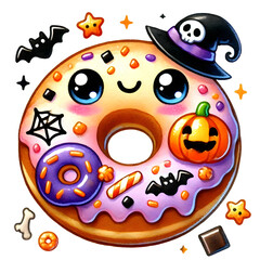 A cartoonish donut with a skull and bat on top and a pumpkin on the bottom