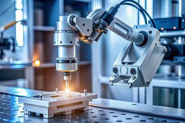 A futuristic robot arm diligently crafts a tiny mechanical component using selective laser sintering technology, with precision and intricacy in a futuristic laboratory setting.