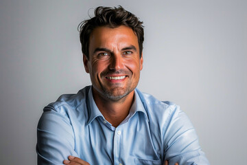 Obraz premium Portrait of a smiling man in a blue shirt with arms crossed, expressing confidence and happiness, isolated on a white background.