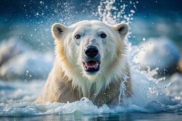 Powerful polar bear swims in arctic waters, its fur glistening with droplets, as it lets out a mighty roar, showcasing its fierce and majestic beauty naturally.