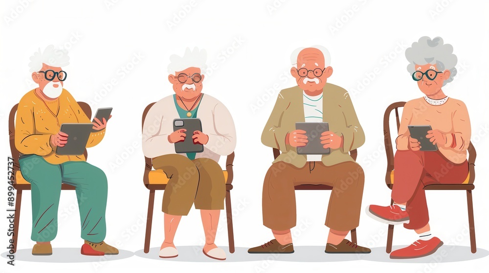 Poster A group of elderly individuals interact with their devices, enjoying technology together in a warm, inviting setting. Generative AI