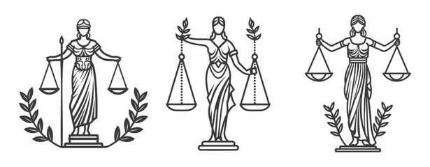 Lady Justice holding scales, standing on a pedestal with laurel branches line art illustration ,generative ai