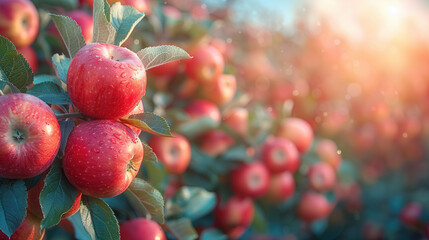Ripe Red Apples Hanging on Tree Branches in a Sunlit Orchard, Perfect for Autumn and Harvest-Themed Photography
