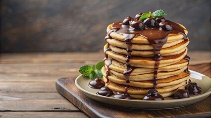 Delicious stack of fluffy pancakes drizzled with rich chocolate sauce , pancakes, chocolate, dessert, breakfast, sweet, indulgent