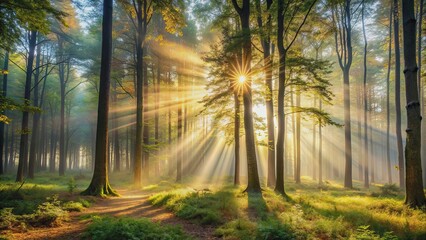 Obraz premium Misty forest in the morning with sunlight filtering through the trees, nature, fog, trees, woodland, peaceful, tranquil, serene