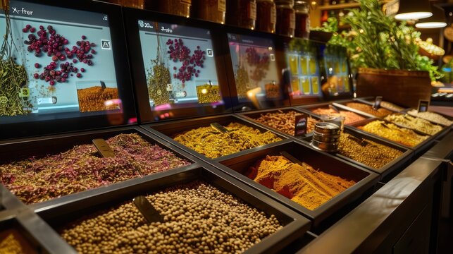high-tech spice shop with digital aroma sampling and flavor pairing recommendations on interactive screens