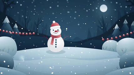 Obraz premium A cheerful snowman stands under a glowing moon, surrounded by softly falling snow in a serene winter landscape.