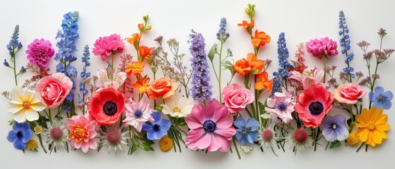 Spring flowers arrangement on paper background, white backdrop, delicate and colorful, high resolution