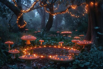 Enchanted Forest Clearing with Glowing Mushrooms and Fairy Lights, Serene Magical Scene in Nature