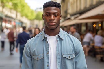 Naklejka premium A young man in a blue shirt and white shirt stands in front of a crowd of people