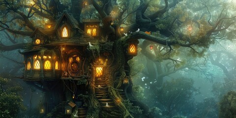 Fototapeta premium Enchanted Treehouse Wonderland - Whimsical Fantasy Scene with Glowing Windows and Magical Creatures Fluttering Around