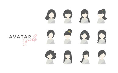 黒髪女性のアイコン素材セット(フラットデザイン)