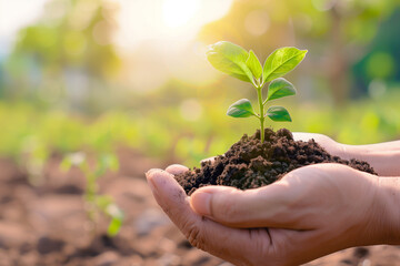 A close-up of hands gently holding a small tree sapling
