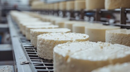 Cheese wheels on production line in dairy factory. Industrial food production.