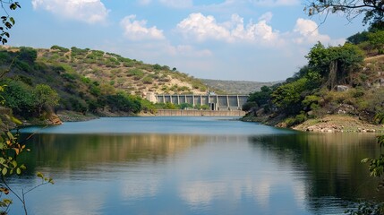 Fototapeta premium Breathtaking Scenery at the Dam's Edge with Reflective Waters and Lush Hills